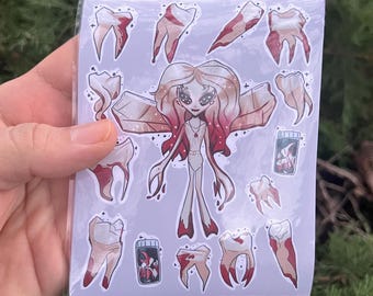 Creepy cute tooth fairy sticker sheet / Vinyl waterproof spooky stickers / Bloody evil teeth gory art for journaling