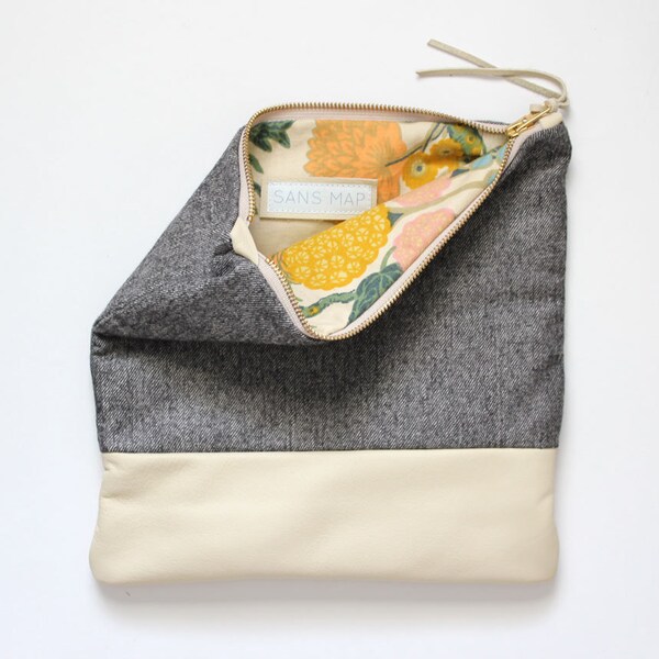 ELODIE leather clutch, evening bag, foldover clutch in cream, grey and floral