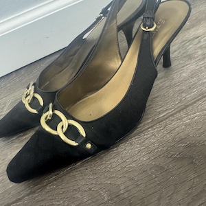 Vintage Women’s Black Eitenne Aigner Slingback Shoes Heels With Gold Chains Size 6.5