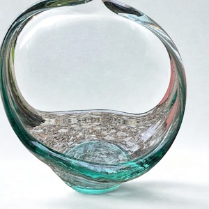 Vintage Murano Glass Basket Vase – Blue Green Aqua Hand Blown Art Glass – Mid Century Modern Italian Decor