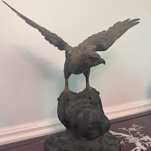 Vintage Japanese Solid Bronze Eagle Sculpture- Dark Patina Cast Metal Bird of Prey Figurine