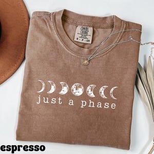 May include: A brown t-shirt with a white graphic of a crescent moon in different phases. The text "just a phase" is printed below the moon graphic.