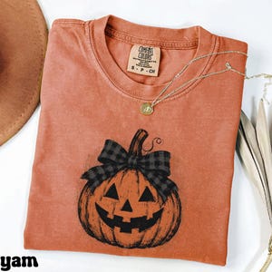May include: A burnt orange short-sleeve t-shirt featuring a black and white graphic of a jack-o'-lantern pumpkin with a black and gray buffalo plaid bow on its stem. The shirt has a Comfort Colors brand label at the neck and a crew neckline.