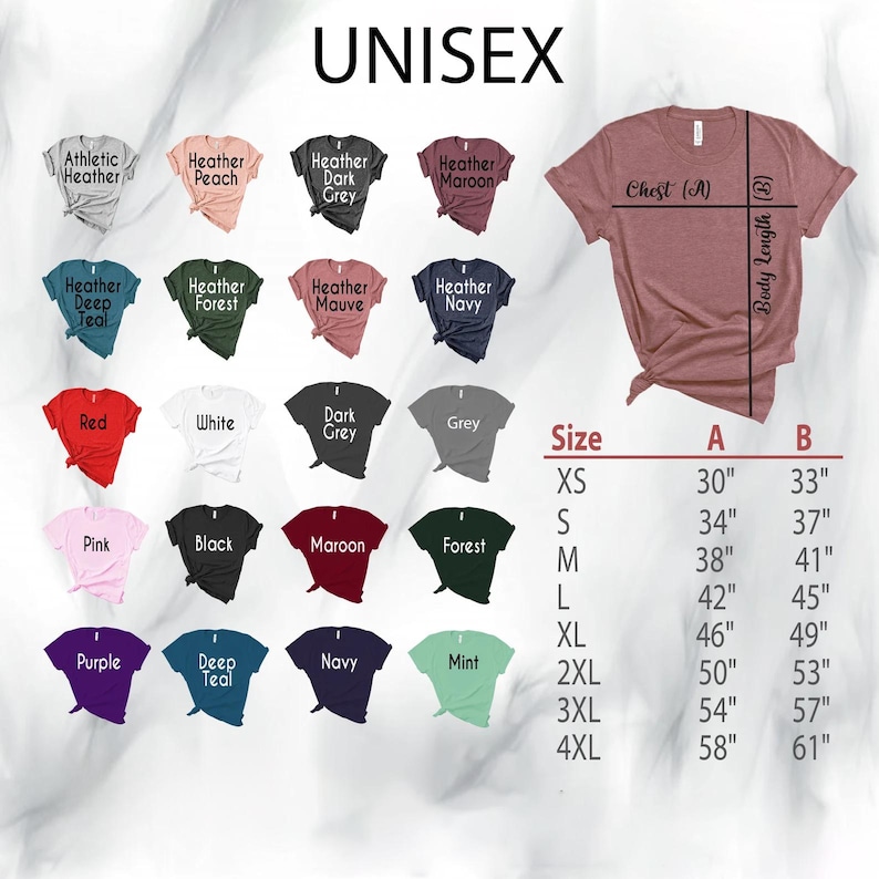 Op de afbeelding: Unisex T-shirt maattabel met metingen in inches voor borst en lichaamslengte. De tabel toont maten XS tot 4XL en kleuropties voor de T-shirts.