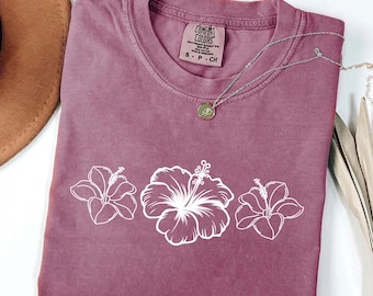 Hibiscus Flower Comfort Colors Shirt, Summer Shirt, Cute Vacation Tee,Beach Shirts,Tropical Floral Tee,Hawaii Vacation Beach Tee,Coastal Tee