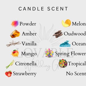 Puede incluir: Una imagen que muestra opciones de aroma de velas. El texto "CANDLE SCENT" est&aacute; en la parte superior. Debajo hay ilustraciones y nombres de aromas: Powder, Amber, Vanilla, Mango, Citronella, Strawberry, Melon, Oudwood, Ocean, Spring Flower, Tropical y No Scent.