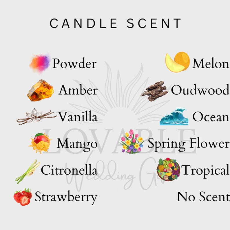 Puede incluir: Una imagen que muestra opciones de aroma de velas. El texto "CANDLE SCENT" est&aacute; en la parte superior. Debajo hay ilustraciones y nombres de aromas: Powder, Amber, Vanilla, Mango, Citronella, Strawberry, Melon, Oudwood, Ocean, Spring Flower, Tropical y No Scent.