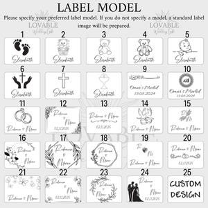 Puede incluir: Una cuadr&iacute;cula de dise&ntilde;os de etiquetas con varias ilustraciones y texto. Los dise&ntilde;os incluyen huellas de beb&eacute;, osos de peluche, cruces, anillos de boda y arreglos florales. El texto incluye nombres y fechas, y las palabras "LABEL MODEL" est&aacute;n en la parte superior.