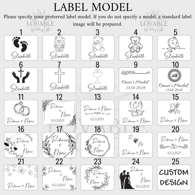 Puede incluir: Una cuadr&iacute;cula de dise&ntilde;os de etiquetas con varias ilustraciones y texto. Los dise&ntilde;os incluyen huellas de beb&eacute;, osos de peluche, cruces, anillos de boda y arreglos florales. El texto incluye nombres y fechas, y las palabras "LABEL MODEL" est&aacute;n en la parte superior.