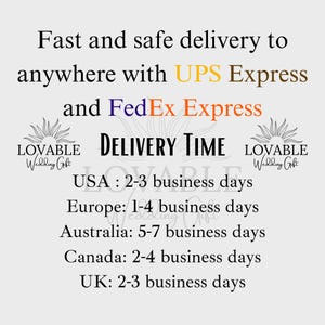 Puede incluir: Texto sobre un fondo gris claro: "Entrega r&aacute;pida y segura a cualquier lugar con UPS Express y FedEx Express". Debajo, "Tiempo de entrega" seguido de los tiempos para EE. UU., Europa, Australia, Canad&aacute; y el Reino Unido.