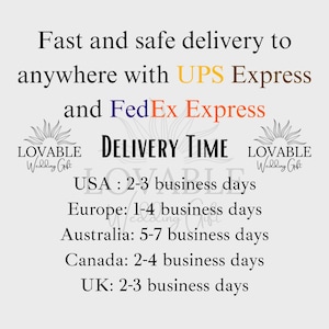 May include: Text on a light gray background reads "Fast and safe delivery to anywhere with UPS Express and FedEx Express." Below, "Delivery Time" is followed by delivery times for the USA, Europe, Australia, Canada, and the UK.