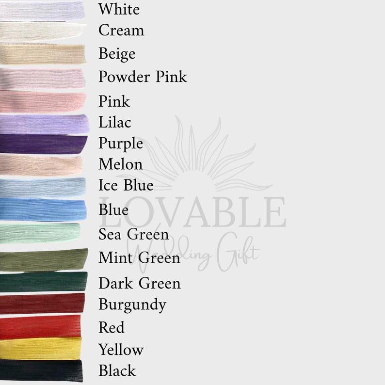 Puede incluir: Una carta de colores con muestras de tela en varios tonos, incluyendo blanco, crema, beige, rosa, morado, azul, verde, rojo, amarillo y negro. Cada color est&aacute; etiquetado. El logotipo de "LOVABLE Wedding Gift" se encuentra en el fondo.