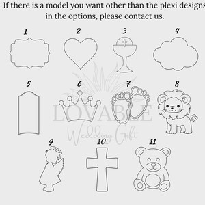 May include: A collection of plexi designs for wedding gifts, including a heart, cloud, cross, and teddy bear. The image also features a crown, angel, and lion. Text on the image reads, "If there is a model you want other than the plexi designs in the options, please contact us."