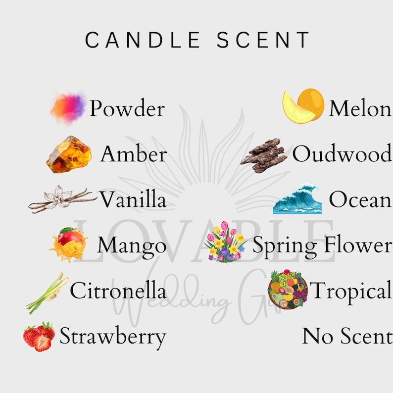 May include: A graphic showcasing candle scent options. The text "CANDLE SCENT" is at the top. Below are illustrations and scent names: Powder, Amber, Vanilla, Mango, Citronella, Strawberry, Melon, Oudwood, Ocean, Spring Flower, Tropical, and No Scent.