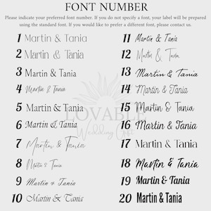 Puede incluir: Un fondo gris muestra una gu&iacute;a de selecci&oacute;n de fuentes para etiquetas de boda. El texto "FONT NUMBER" est&aacute; en la parte superior, seguido de muestras de fuentes numeradas del 1 al 20, cada una mostrando "Martin & Tania" en un estilo diferente. Tambi&eacute;n se ve el texto "LOVABLE Wedding Gift".