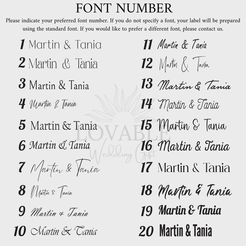 Puede incluir: Un fondo gris muestra una gu&iacute;a de selecci&oacute;n de fuentes para etiquetas de boda. El texto "FONT NUMBER" est&aacute; en la parte superior, seguido de muestras de fuentes numeradas del 1 al 20, cada una mostrando "Martin & Tania" en un estilo diferente. Tambi&eacute;n se ve el texto "LOVABLE Wedding Gift".