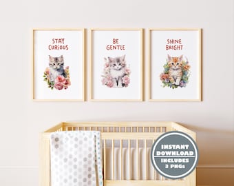 Kitten Themed Baby Room Decor - Watercolor Wall Art Set of 3 - Inspirational Nursery Prints for Kids Room