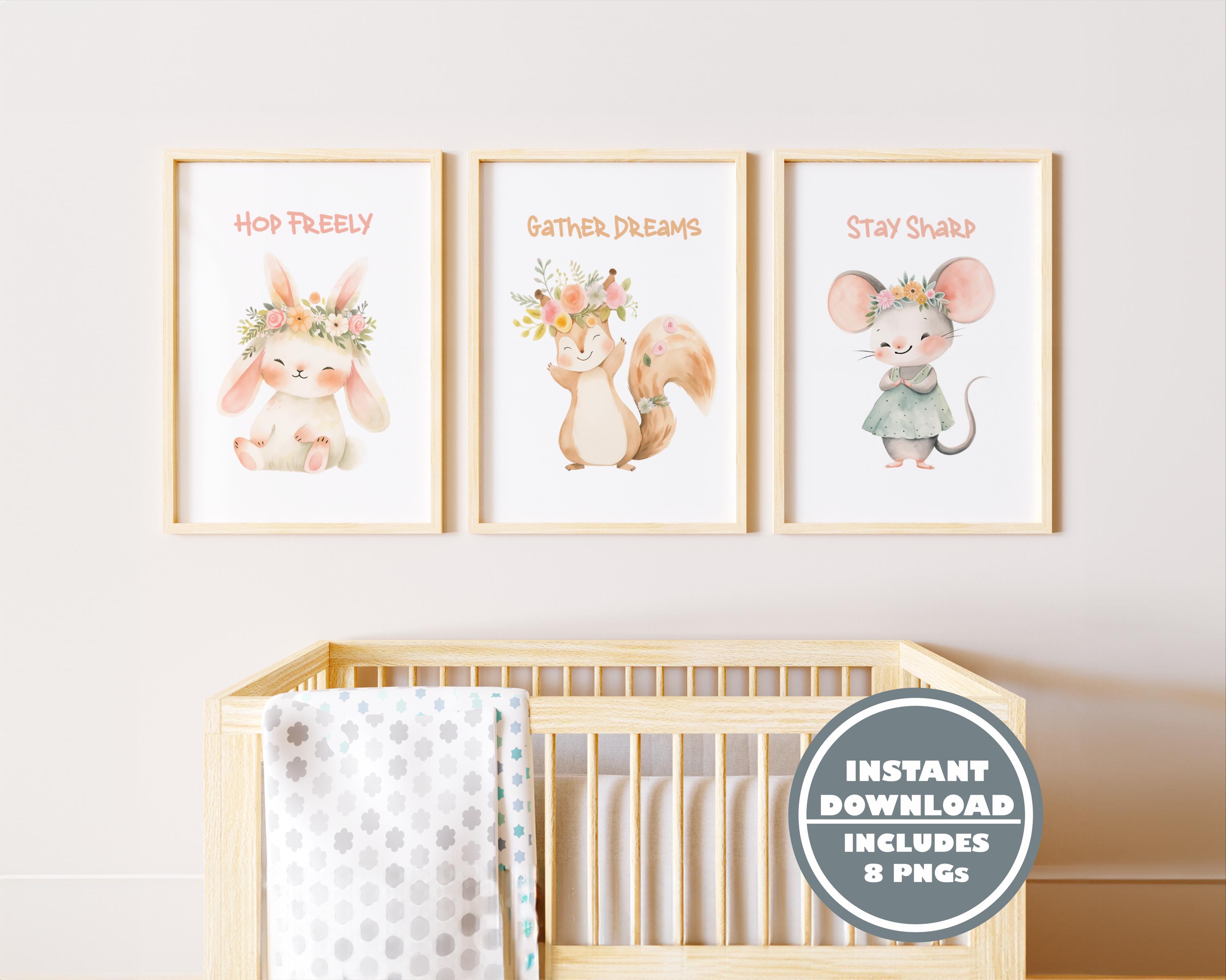 Woodland Animal Nursery Art Set - Bunny, Squirrel, and Mouse Wall Prints - Inspirational Baby Room Decor
