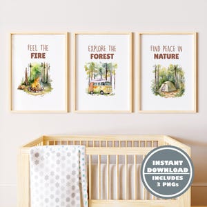 Camping-Themed Baby Room Prints - Forest Wall Art Set for Kids - Rustic Nature and Adventure Nursery Decor