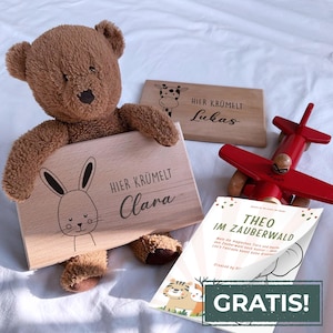 Brettchen personalisiert, Frühstücksbrettchen Kinder, Baby Geschenk, Holzbrettchen, Geschenk 1. Geburtstag, Taufe, Hier krümelt Brett