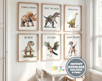 Motivational Dinosaur Posters for Kids - Stand Strong, Rule the Wild, Fly Free - Dinosaur-Themed Room Decor for Boys and Girls
