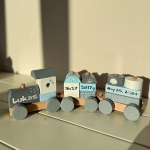 Personalized Wooden Name Train: Blue Baby Keepsake Montessori Toy
