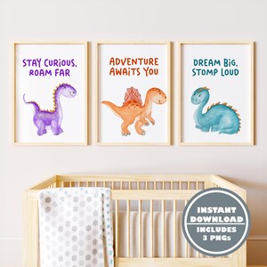 Dinosaur Adventure Wall Art Set - 3 Colorful Dino Prints with Motivational Quotes for Nursery and Kids&#39; Room
