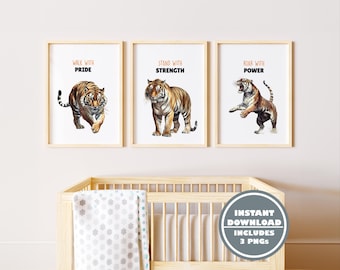 Powerful Tiger Wall Art - 3 Motivational Prints Featuring &quot;Walk with Pride,&quot; &quot;Stand with Strength,&quot; and &quot;Roar with Power&quot;