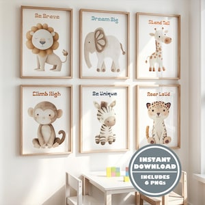 Safari Animal Digital Prints, Cute Jungle Wall Art, Neutral Baby Room Decor, Elephant Lion Giraffe Zebra Cheetah Monkey Download