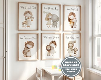 Cute Safari Girl Nursery Prints, Digital Wall Art Set, Jungle Animal Posters, Instant Download, Kids Room Decor, Boho Baby Gift