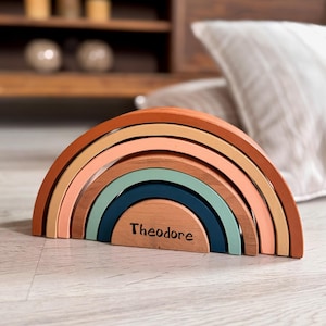 Custom Name Wooden Rainbow – Montessori Stacker Toy, Baby Shower Gift, Natural Wood Nursery Decor, Personalized Keepsake for Kids
