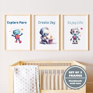 Uroczy Robot Wall Art - 3 urocze nadruki do pokojów dziecięcych lub pokoju dziecięcego z motywującymi cytatami