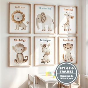 Jungle Safari Animal Print Set, Adorable Neutral Nursery Wall Art, Framed or Unframed Kids Room Decor with Cute Wild Animals