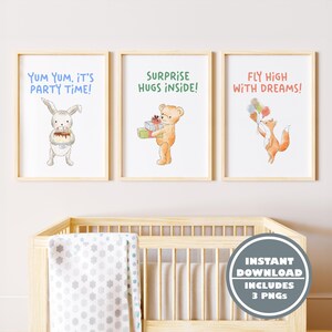 Party Animal Nursery Prints - Cute Bunny, Bear, and Fox Art Set, Kids&#39; Room Wall Art Download, Baby Shower Decor
