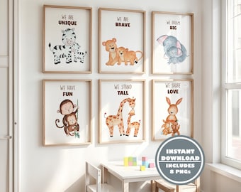 Inspirational Safari-Themed Art - Set of 6 Animal Prints with Uplifting Quotes for Children’s Rooms