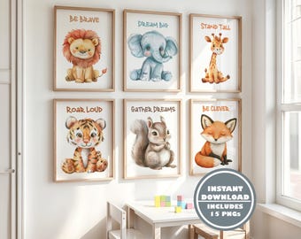 Be Brave, Dream Big, Roar Loud Nursery Wall Art - Watercolor Baby Animal Prints Set of 15 - Kids Room Decor