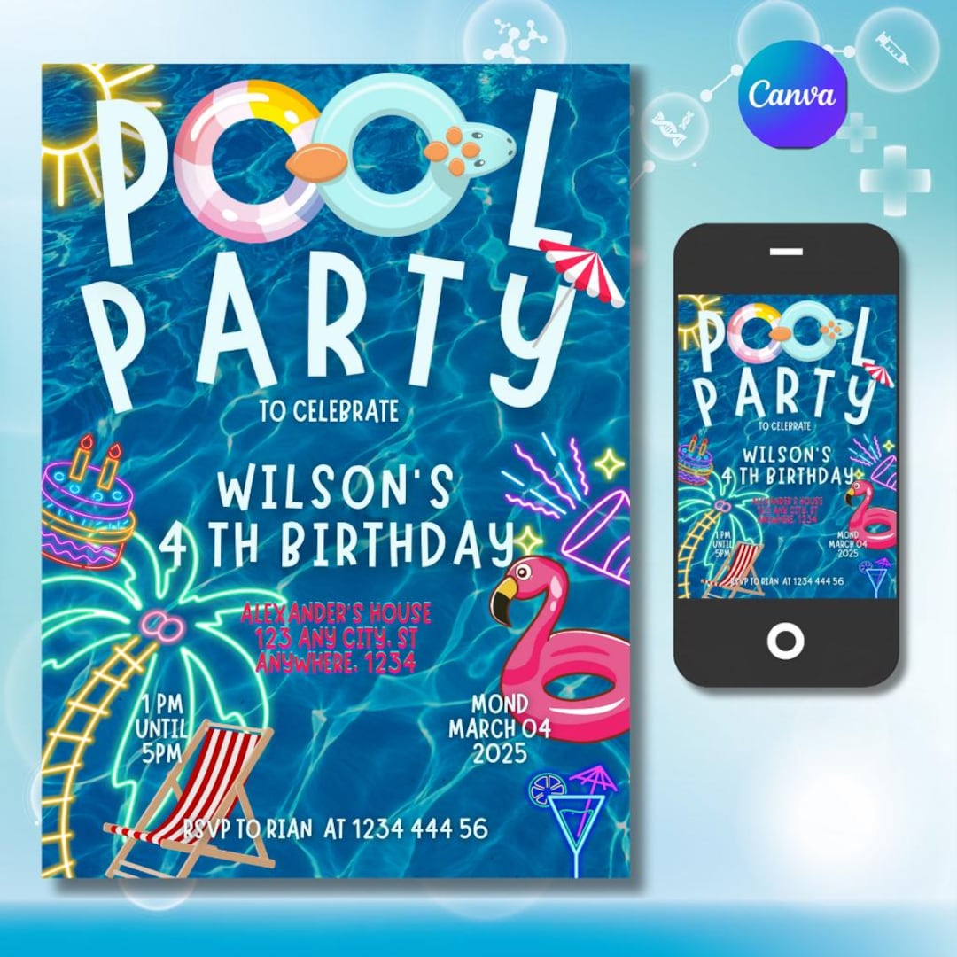 Photo Party Invitations Editable Pool Theme Birthday Party, Boys Birthday, Girls Birthday ...