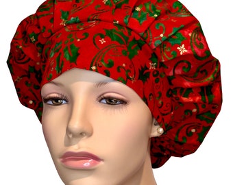 Scrub Caps Christmas Red Holly Batik-ScrubHeads-Scrub Cap-Bouffant Scrub Hat-Scrub Caps For Women-Holiday Scrub Hats-Fabric Scrub Hat