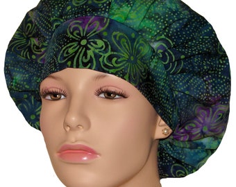 Scrub Caps Batik Simple Blooms Purple Blue Green-ScrubHeads-Fabric Scrub Hats-Women's Scrub Hat-Batik Scrub Hat-Etsy Scrub Hats-Bouffant Hat