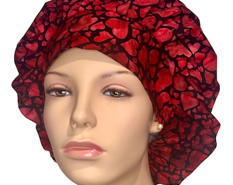 Scrub Hats Valentines Day Batik Hearts On Black-Bouffant Scrub Hat-Scrub Caps-Surgical Hat-ScrubHeads-Valentines Scrub Hat-Hearts Scrub Hat