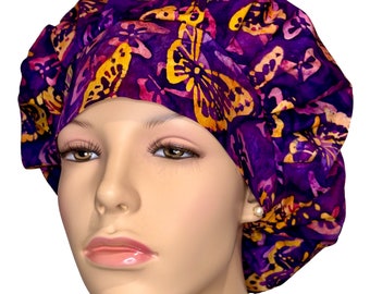 Batik Purple Pansy Butterflies Scrub Hat-Scrub hats-Scrub Caps-ScrubHeads-Surgical Hat-Surgical Cap-Bouffant Scrub Hat-Women's Scrub Hat