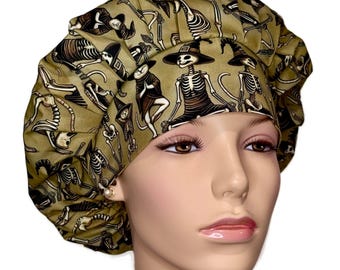 Scrub Caps Yoga Skeleton Cat Witch-Yoga Skeletons-Bouffant Scrub Hat-Women's Scrub Hat-Yoga Fabric-Scrub Cap-ScrubHeads-Etsy Scrub Hats