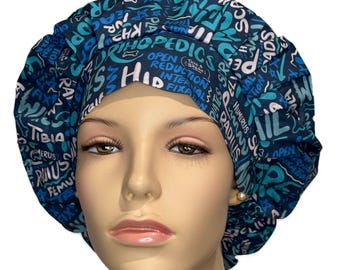 Scrub Cap Orthopedics On Blue Fabric-ScrubHeads-Bouffant Scrub Hat-Orthopedics Scrub Hat-Orthopedic Surgery-Ortho Nurse-Bones-ORIF Surgery