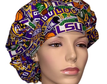 Scrub Caps LSU Doodles Fabric-ScrubHeads-Bouffant Scrub Hat-LSU Tigers Scrub Hat-Louisiana Scrub Hat-Louisiana Football-College Football