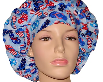 Scrub Caps Patriotic Flip Flops-ScrubHeads-Patriotic Scrub Hat-Bouffant Scrub Hat-Scrub Caps-Fabric Scrub Hats-Walk On The Beach Scrub Hat