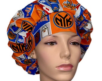 Scrub Hats-New York Knicks Basketball Fabric-ScrubHeads-Bouffant Scrub Hat-Scrub Caps For Women-Basketball Scrub Hat-Knicks Scrub Hat