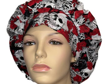 Scrub Caps Skulls And Roses-ScrubHeads-Scrub Caps-Bouffant Scrub Hats-Surgical Scrub Hat-Women's Scrub Hat-Skulls Scrub Hat-Bones Rose Raven