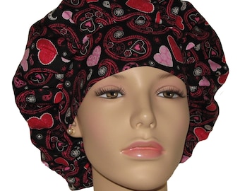 Scrub Hats Valentines Day Hearts Black Paisley-ScrubHeads-Etsy Scrub Hats-Hearts Scrub Hat-Scrub Cap-Scrub Hats For Women-Bouffant Scrub Hat