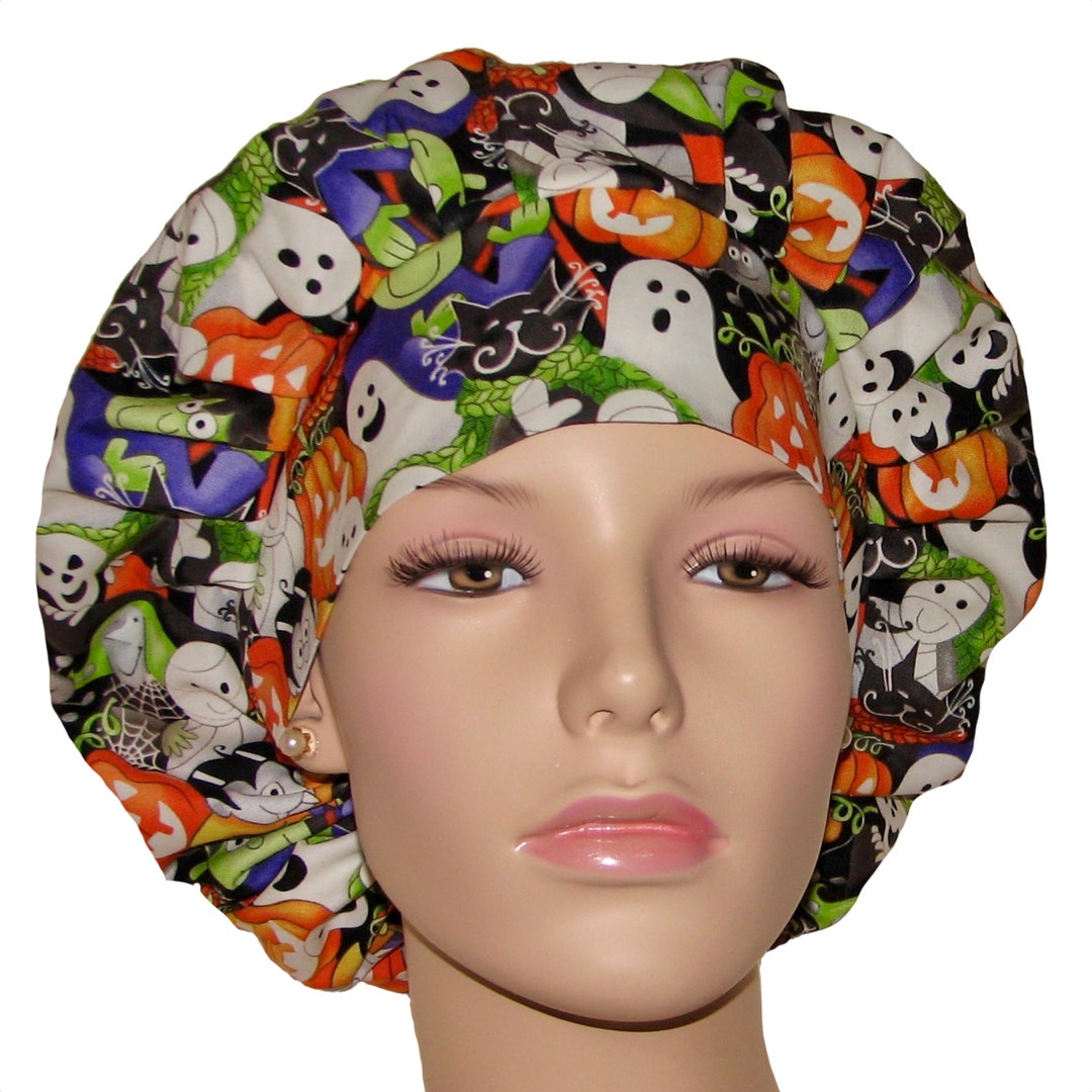 Scrub Caps Halloween Here We Glowscrubheadsbouffant Scrub Hatswomen