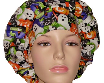 Scrub Caps Halloween Here We Glow-ScrubHeads-Bouffant Scrub Hats-Women's Scrub Hats-Scrub Cap-Halloween Fabric-Surgical Hat-Etsy Scrub Hats